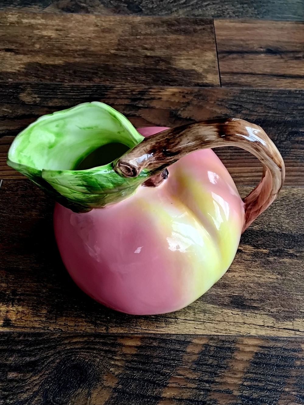 Pottery Barn Pink and Green Ceramic Peach Pitcher. Made In Japan
